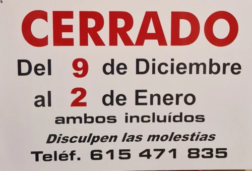 Cerrado del 9 de diciembre al 2 de enero