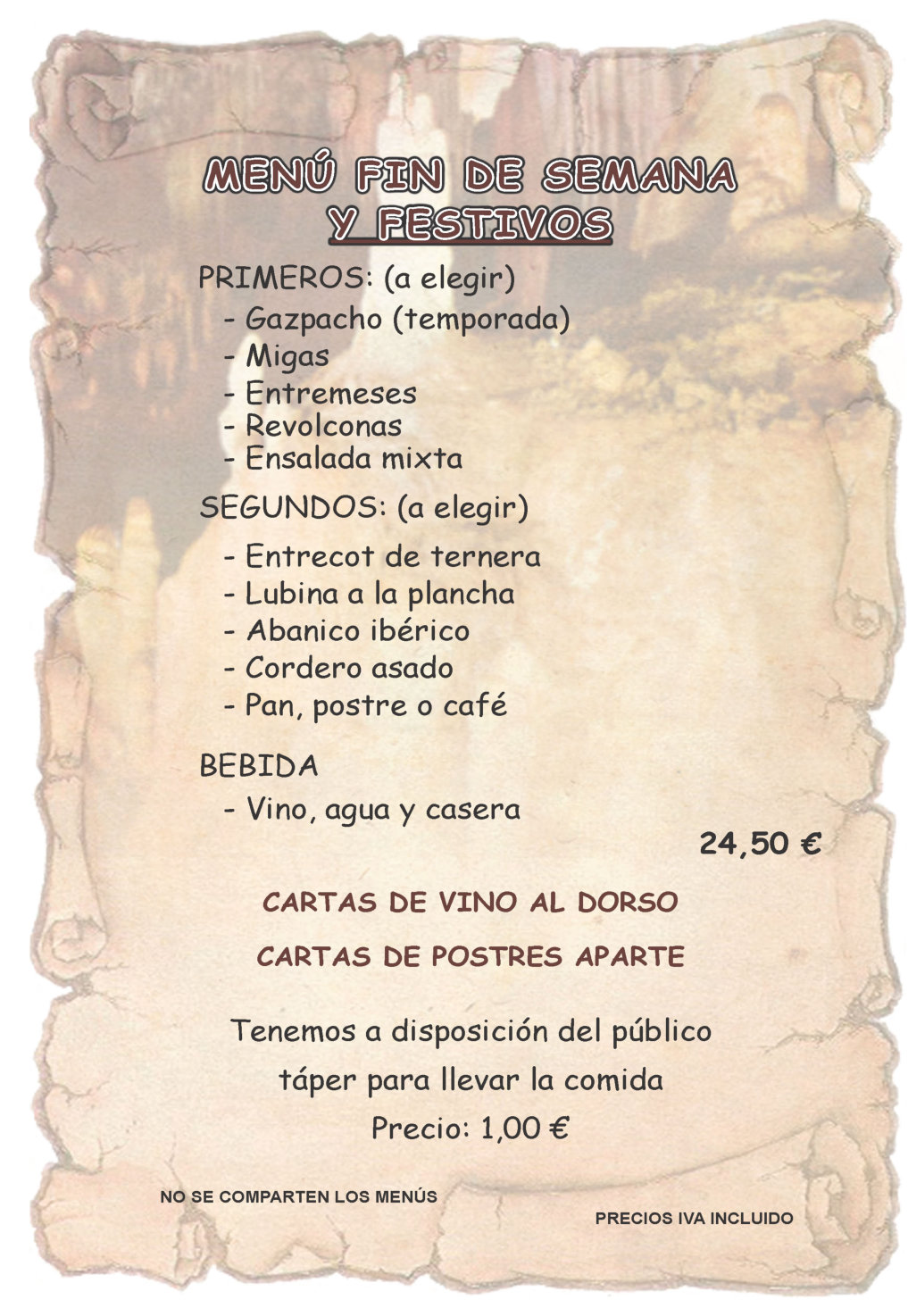 Menú finde semana y festivos.