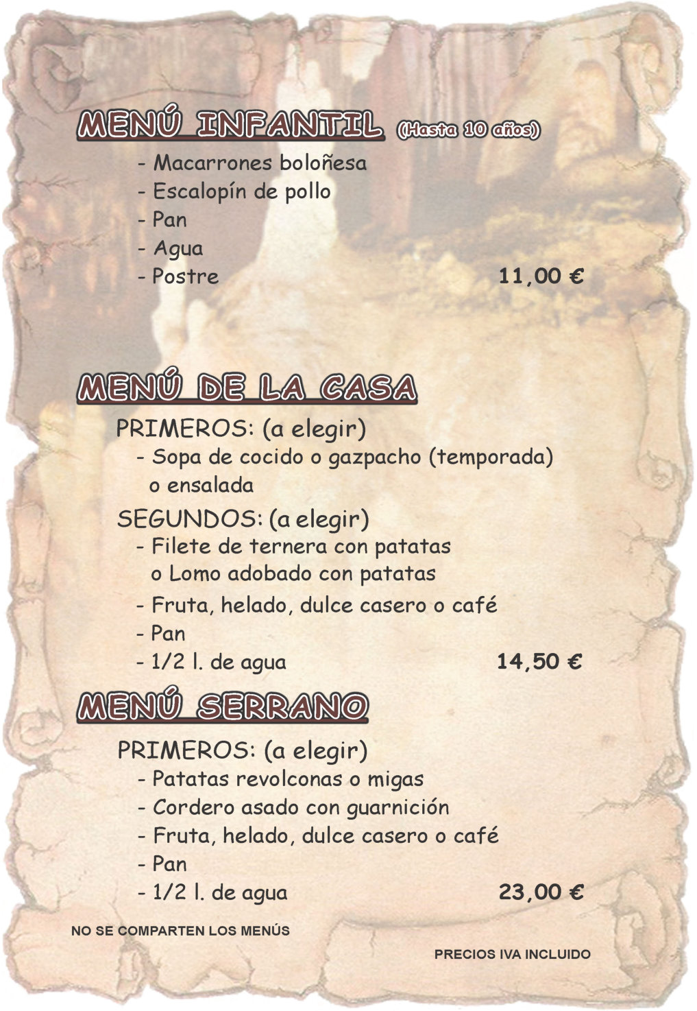 Menú infantil, menú de la casa, menú serrano.
